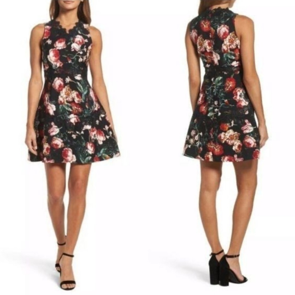 Chelsea 28 Black Foxie Floral Lace Trim Mini Dress size L